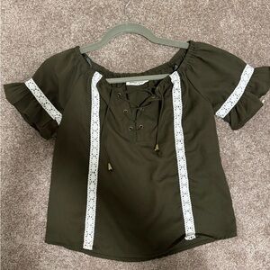 Chic Olive Lace-Up Blouse with White Detailing